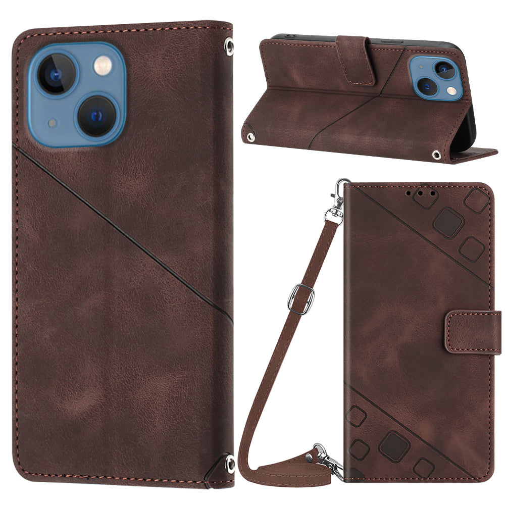 PT005 YB Imprinting Series-7 for iPhone 15 Plus PU Leather Cover Wallet Stand Phone Case with Shoulder Strap