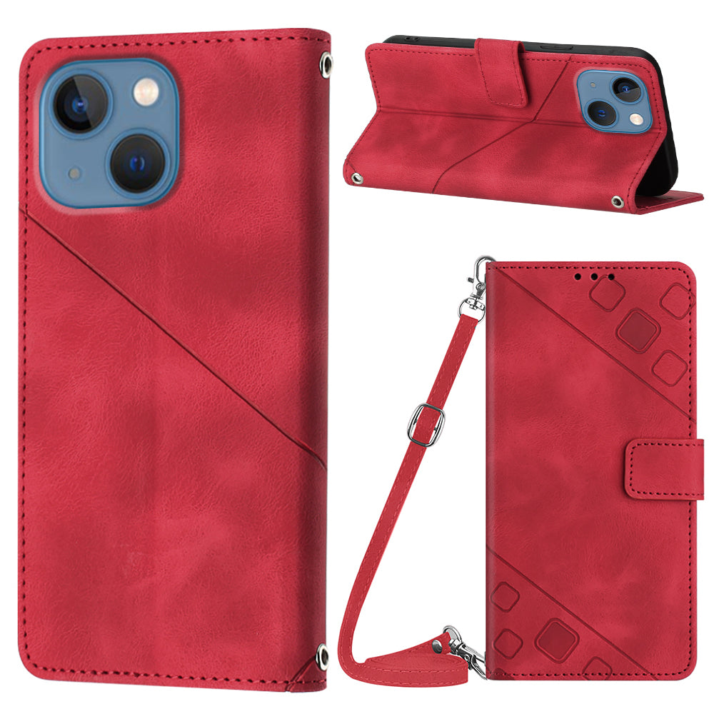 PT005 YB Imprinting Series-7 for iPhone 15 Plus PU Leather Cover Wallet Stand Phone Case with Shoulder Strap