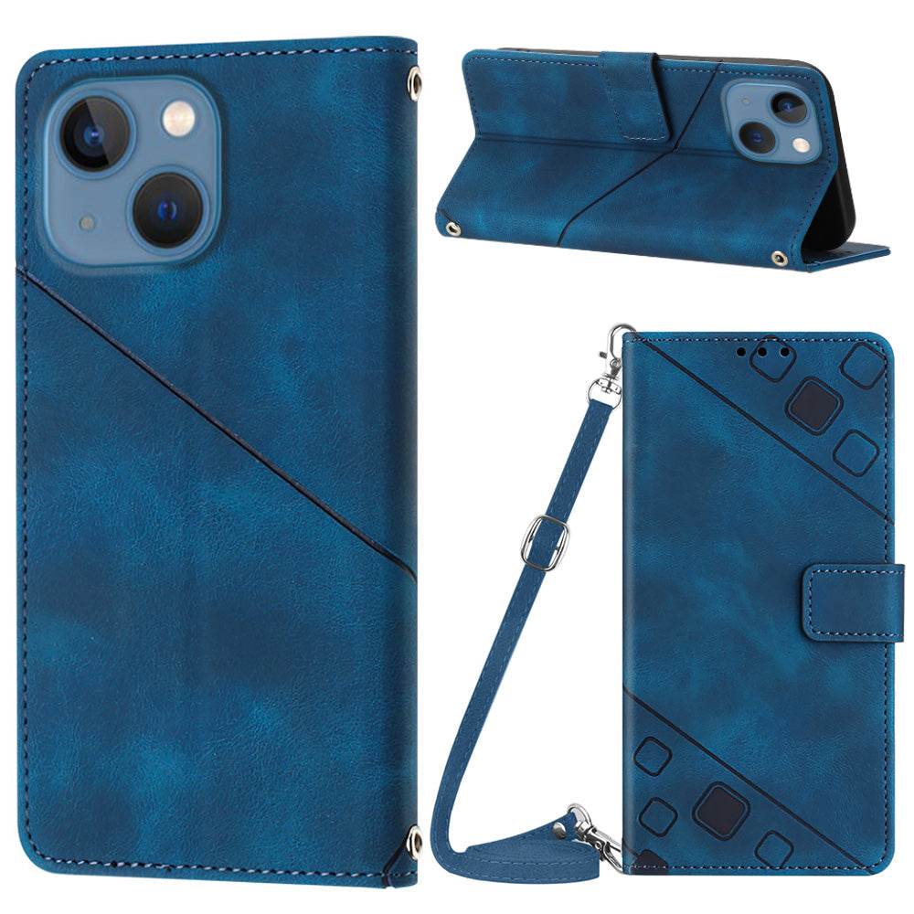 PT005 YB Imprinting Series-7 for iPhone 15 Plus PU Leather Cover Wallet Stand Phone Case with Shoulder Strap