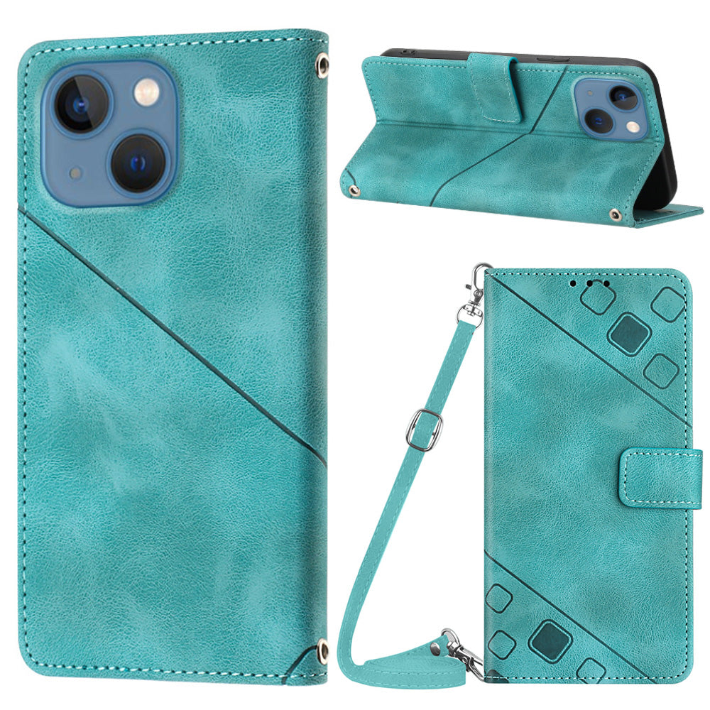 PT005 YB Imprinting Series-7 for iPhone 15 Plus PU Leather Cover Wallet Stand Phone Case with Shoulder Strap