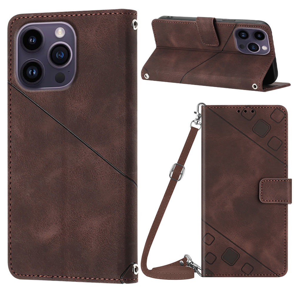PT005 YB Imprinting Series-7 til iPhone 15 Pro Max pung telefonetui PU læder stativ cover med skulderrem