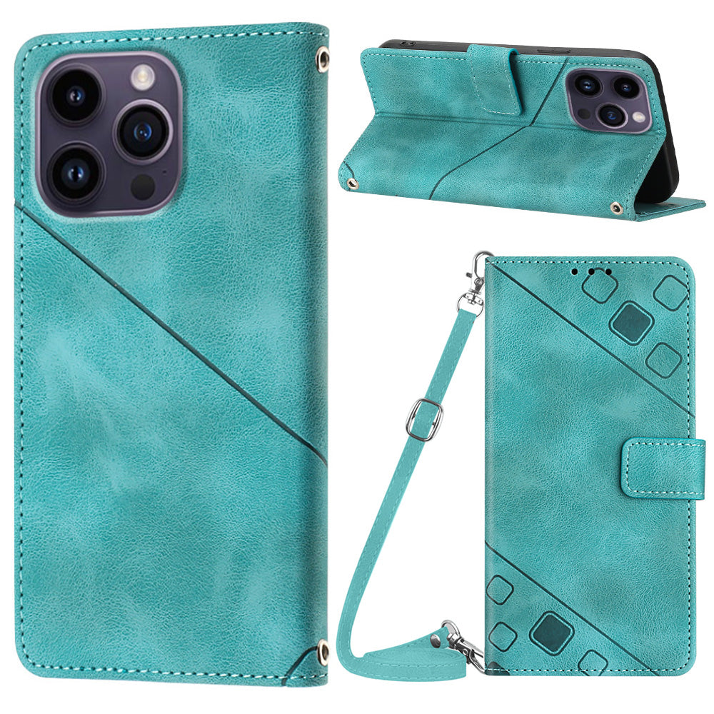 PT005 YB Imprinting Series-7 til iPhone 15 Pro Max pung telefonetui PU læder stativ cover med skulderrem