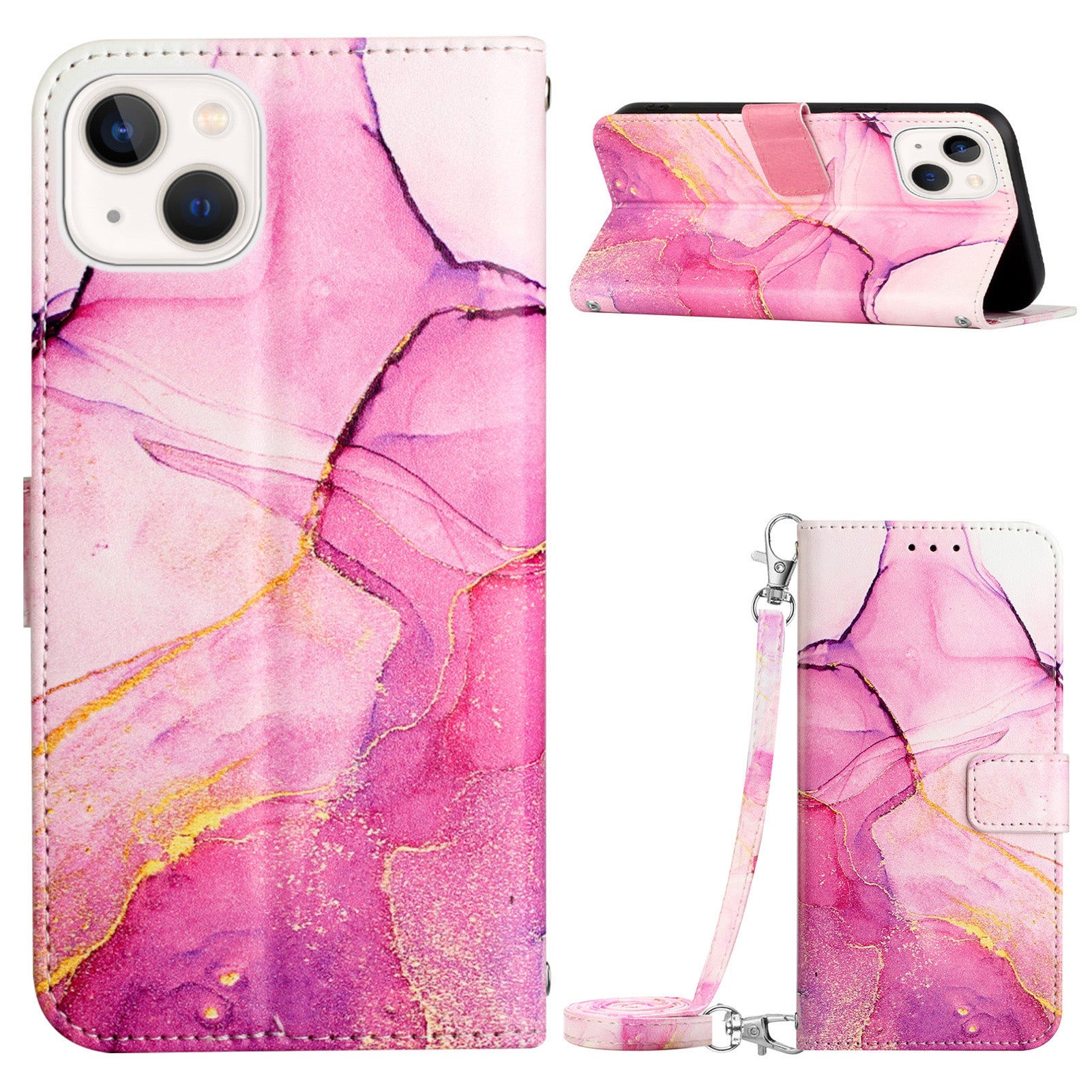 For iPhone 15 YB Pattern Printing Leather Series-6 Marble Pattern Phone Anti-drop Cover Stand Wallet Phone Case