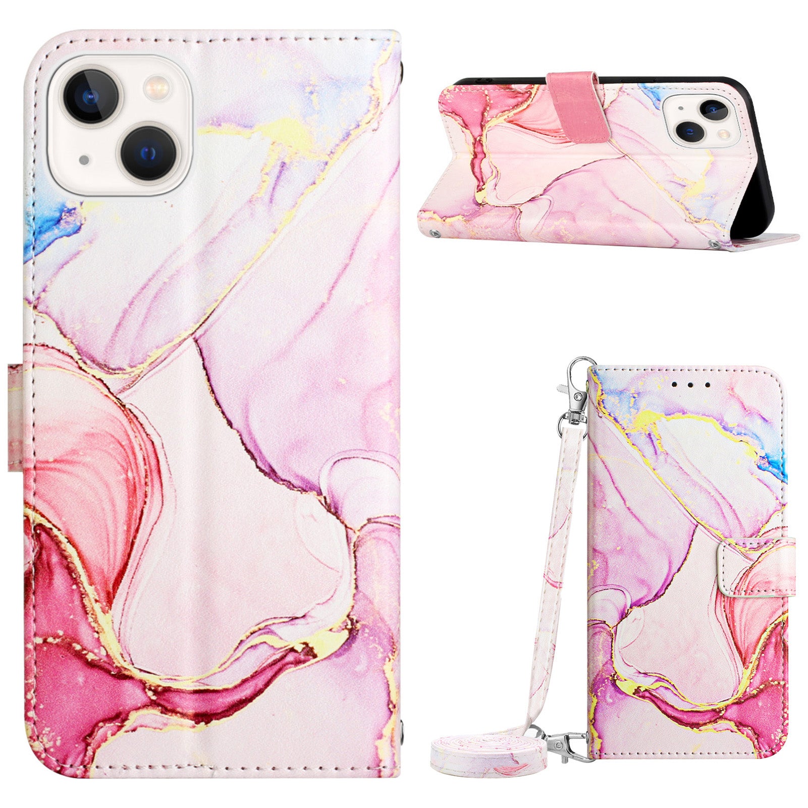 For iPhone 15 YB Pattern Printing Leather Series-6 Marble Pattern Phone Anti-drop Cover Stand Wallet Phone Case