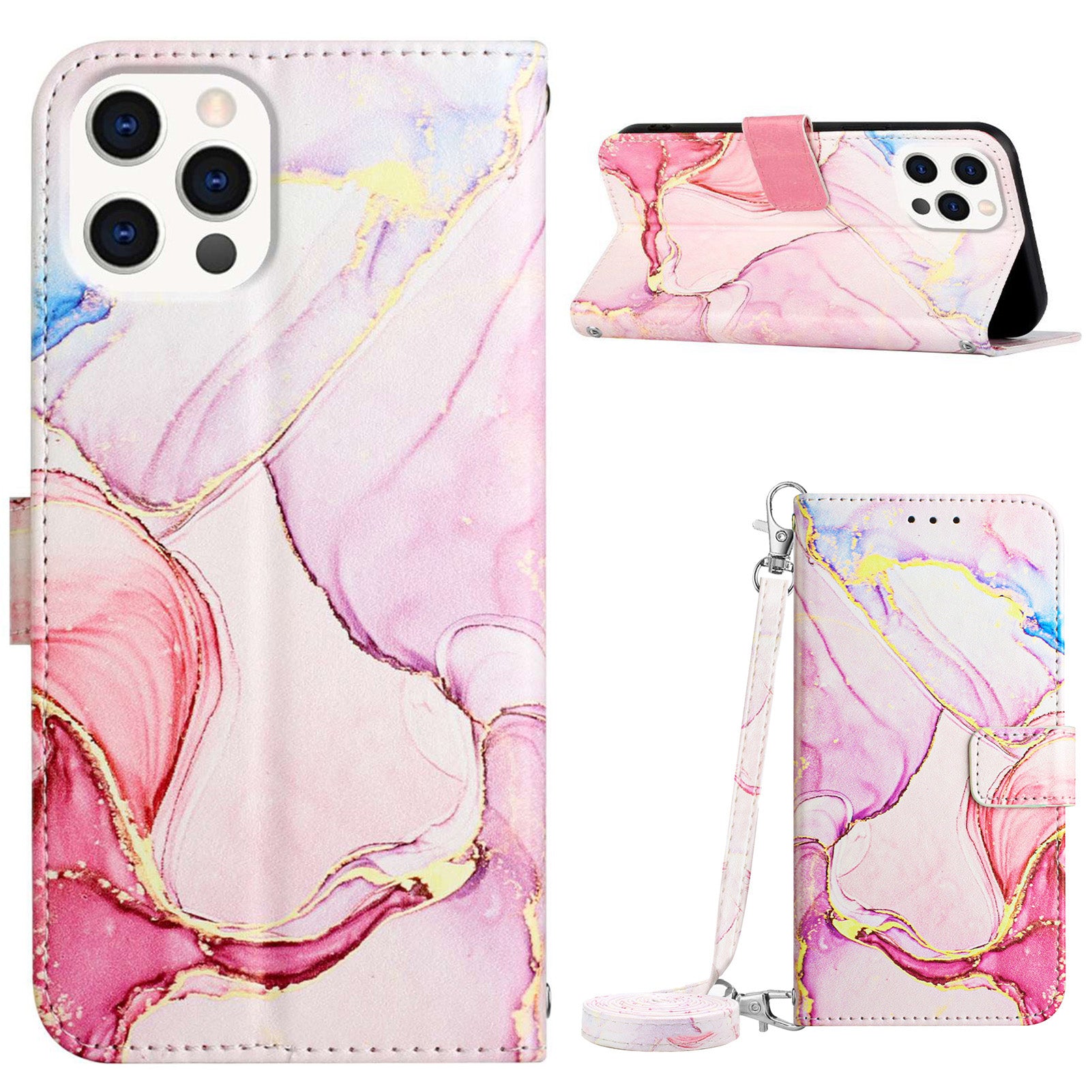 Til iPhone 15 Pro Max YB Mønster Udskrivning Læder Series-6 Marmor Mønster Telefon Cover Stand Pung Bump Proof Case
