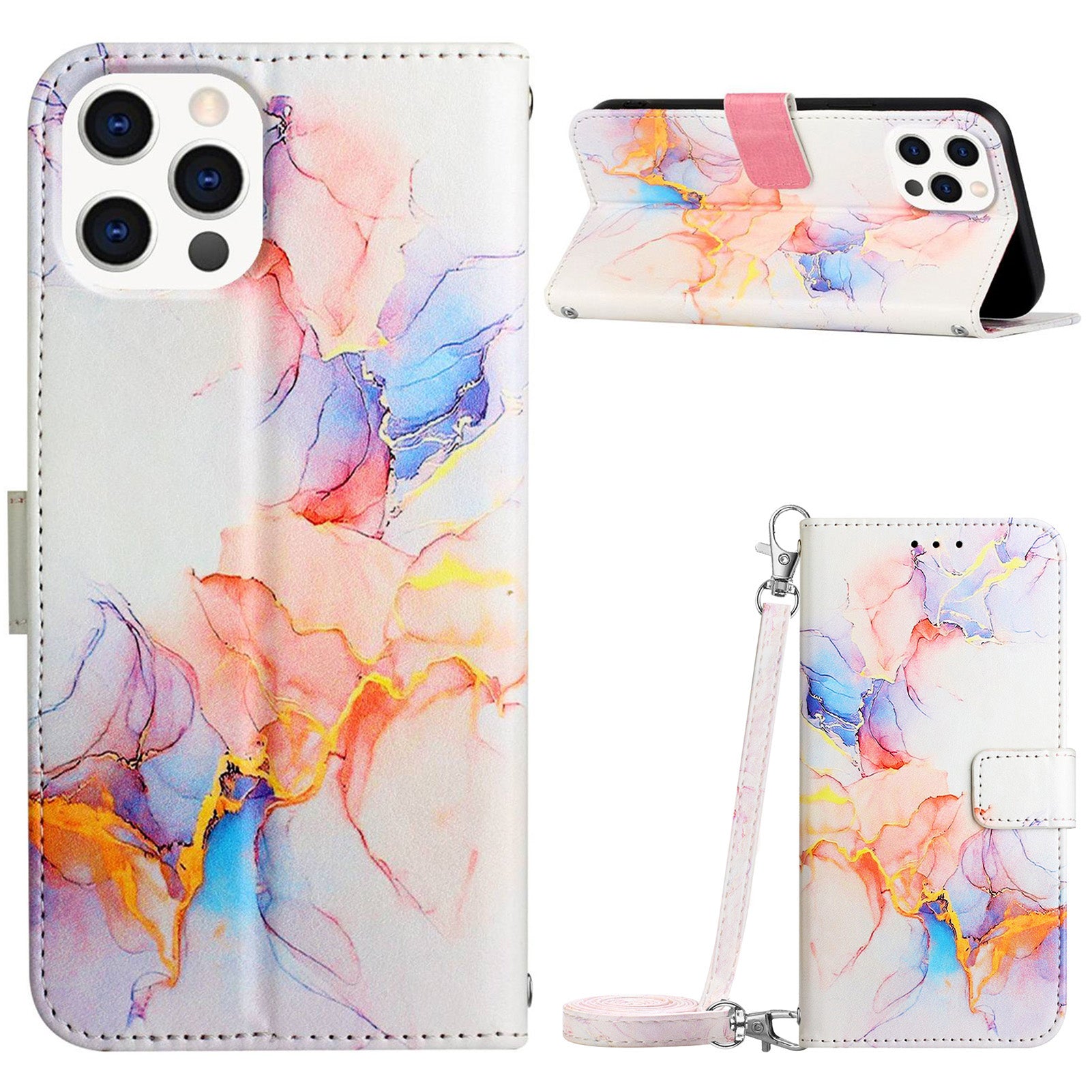 Til iPhone 15 Pro Max YB Mønster Udskrivning Læder Series-6 Marmor Mønster Telefon Cover Stand Pung Bump Proof Case