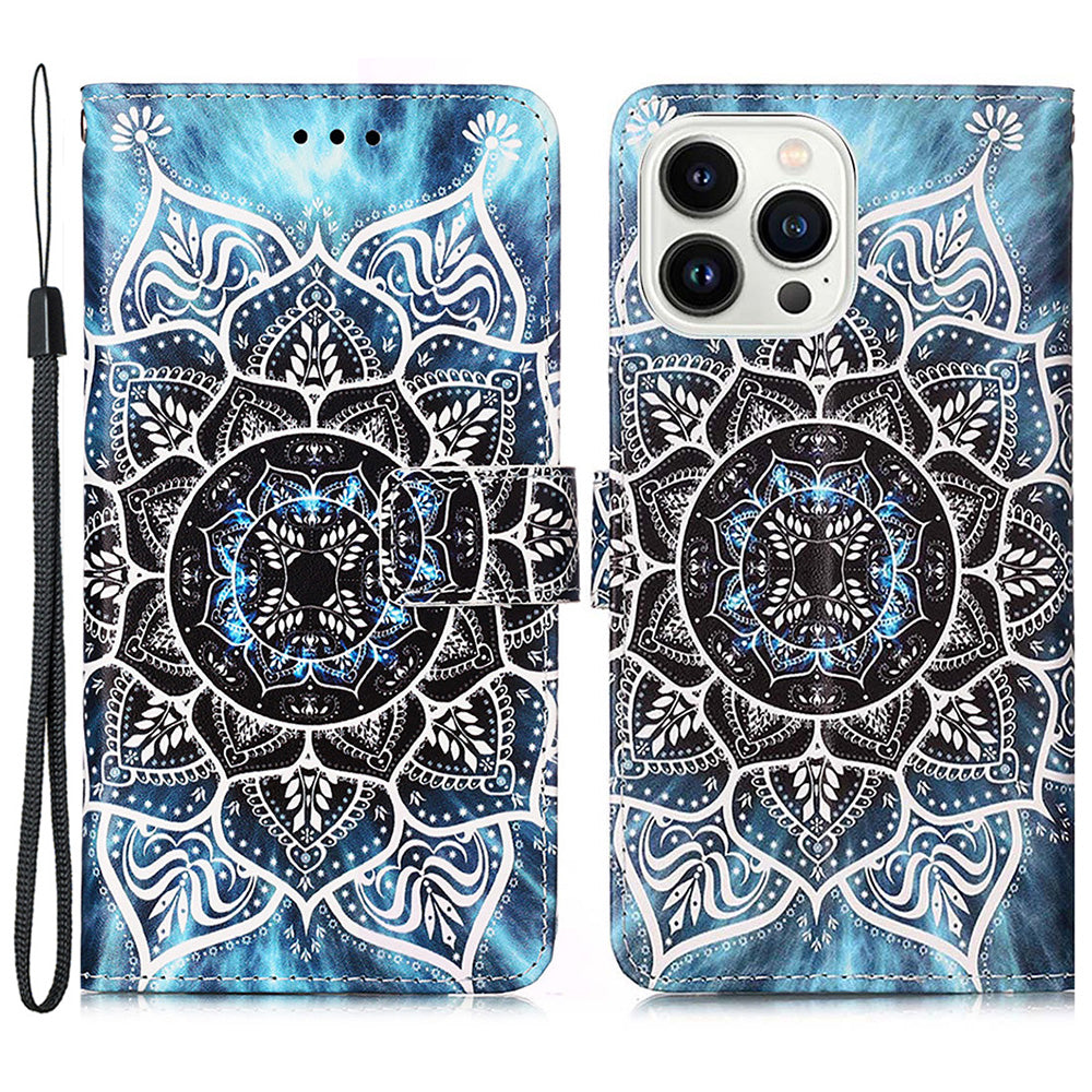 YB Pattern Printing Leather Series-4 for iPhone 15 Pro Flip Stand Cover Leather Wallet Phone Case