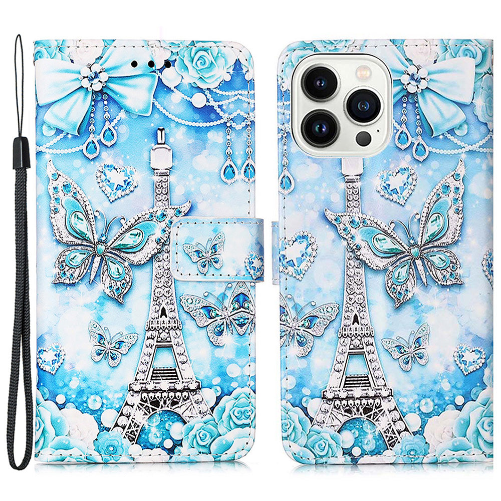 YB Pattern Printing Leather Series-4 for iPhone 15 Pro Flip Stand Cover Leather Wallet Phone Case