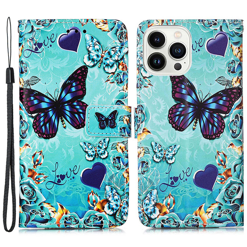 YB Pattern Printing Leather Series-4 for iPhone 15 Pro Flip Stand Cover Leather Wallet Phone Case