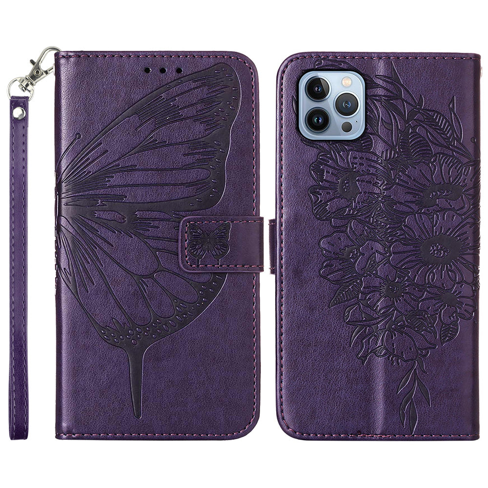 YB Imprinting Series-4 For iPhone 15 Pro Leather Phone Case Stand Wallet Butterfly Imprinted Cover with Strap