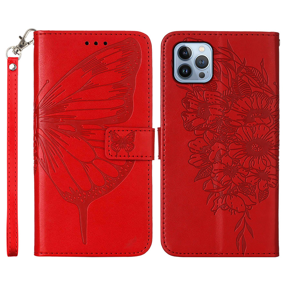 YB Imprinting Series-4 For iPhone 15 Pro Leather Phone Case Stand Wallet Butterfly Imprinted Cover with Strap