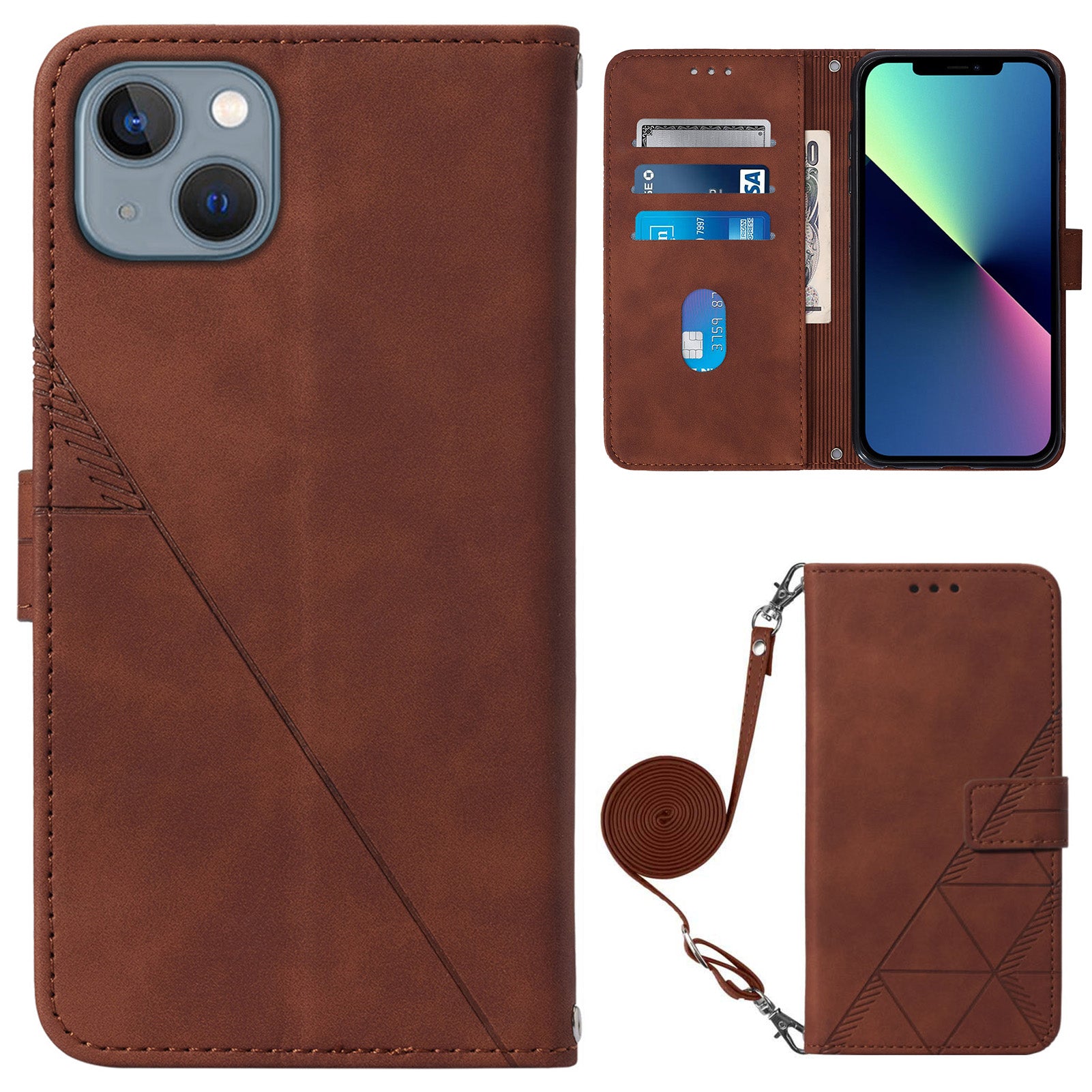 YB Imprinting Series-2 for iPhone 15 Imprinted Stand Cover PU Leather Wallet Phone Case with Shoulder Strap