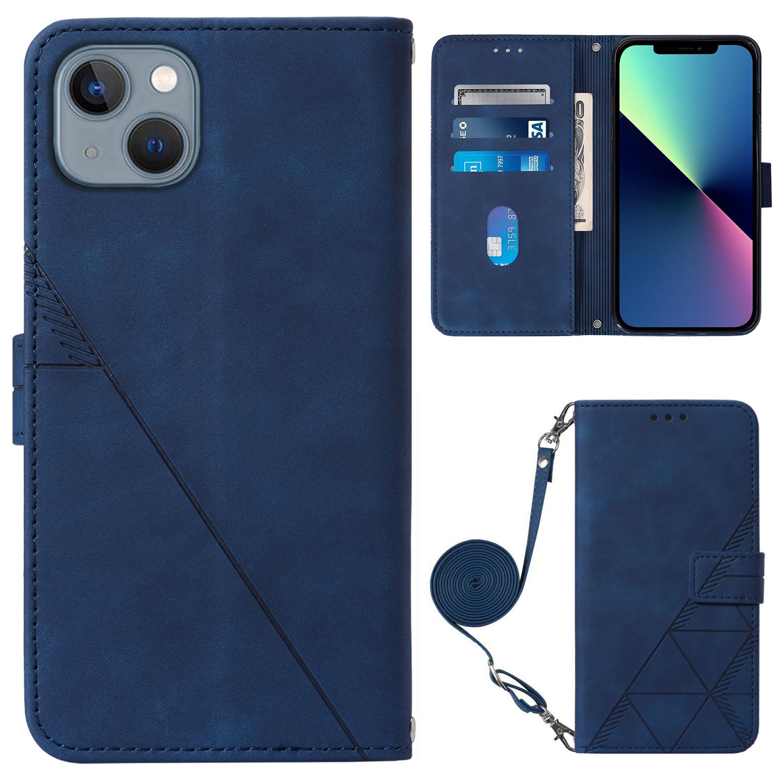 YB Imprinting Series-2 for iPhone 15 Imprinted Stand Cover PU Leather Wallet Phone Case with Shoulder Strap