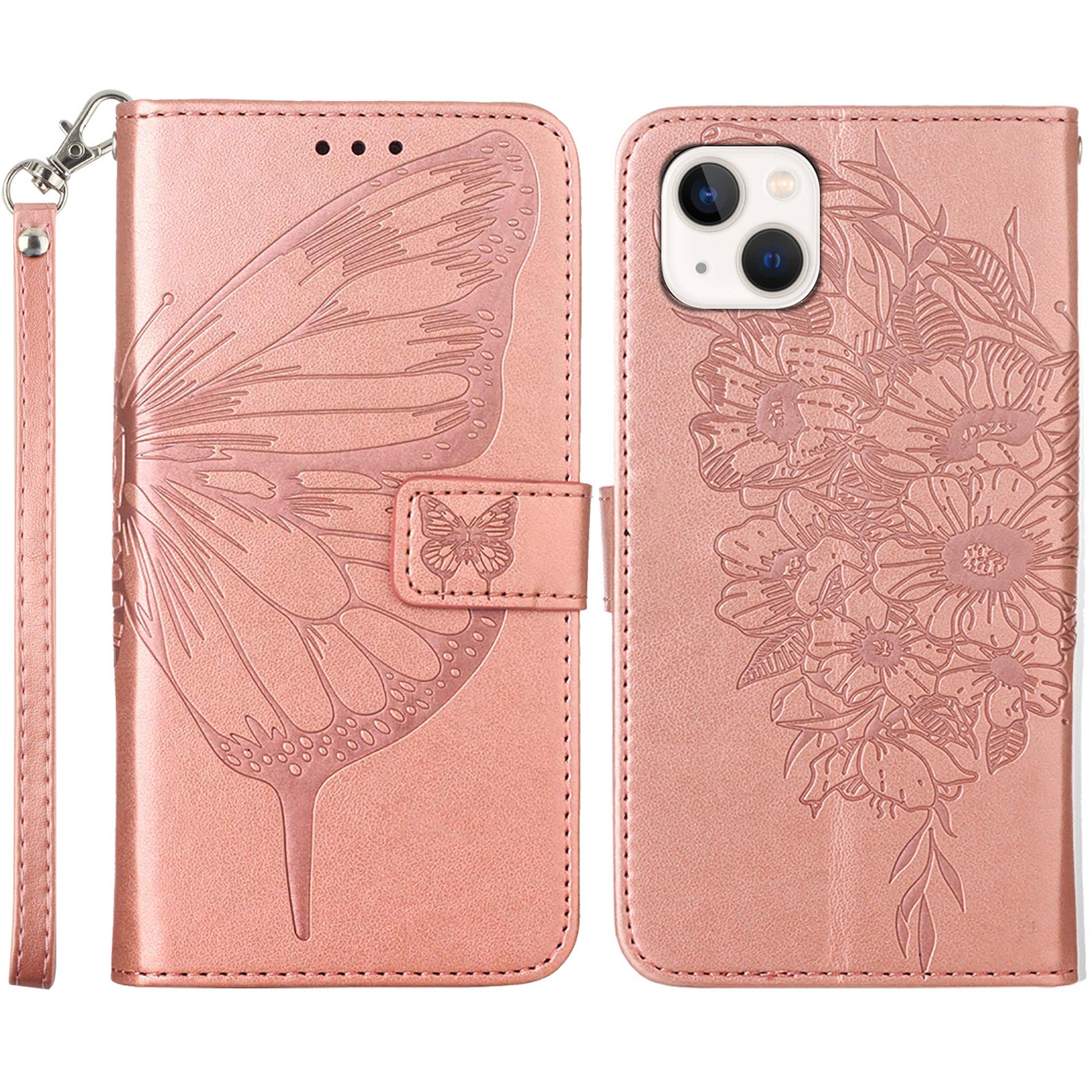 YB Imprinting Series-4 For iPhone 15 PU Leather Stand Phone Case Wallet Butterfly Flower Imprinted Cover with Hand Strap