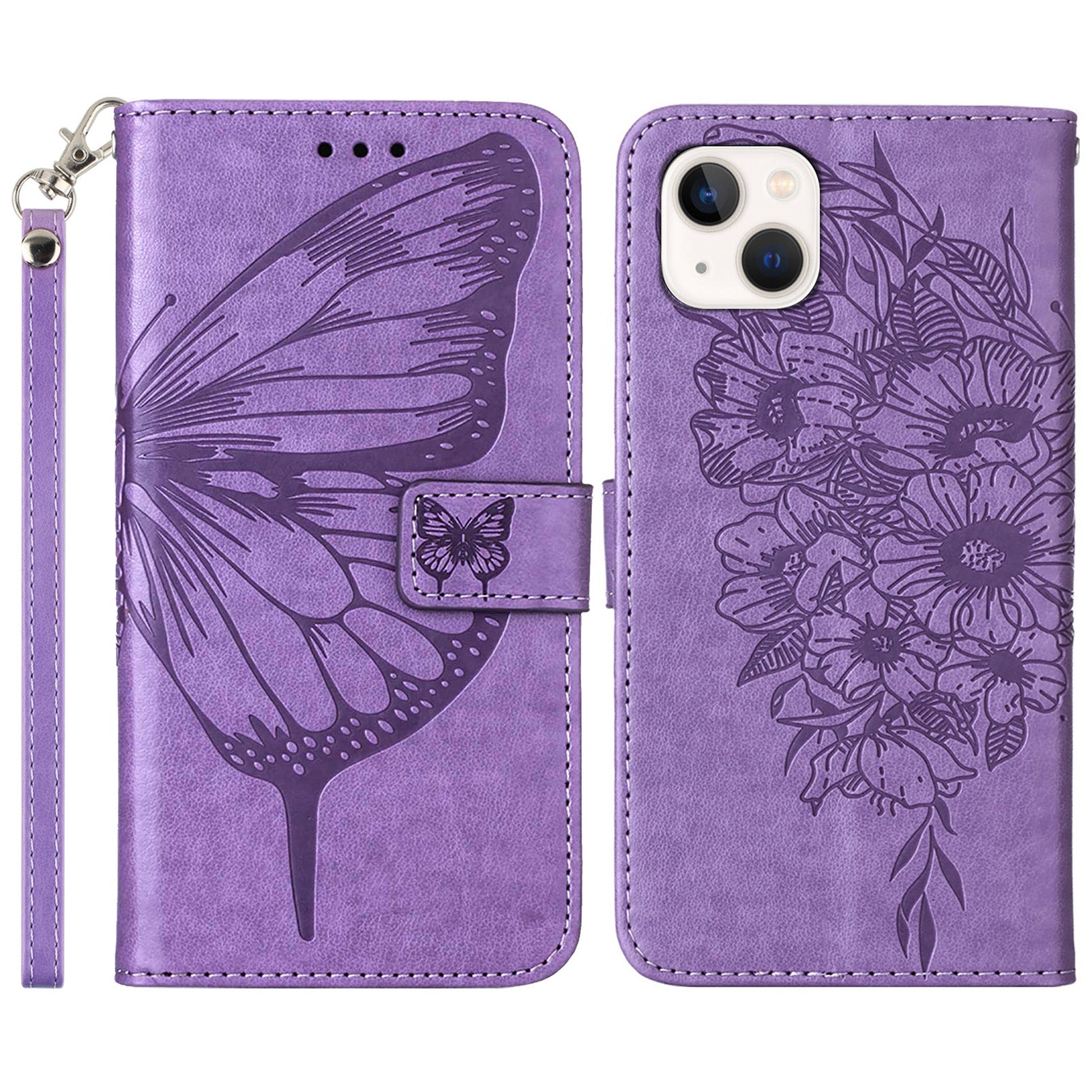 YB Imprinting Series-4 For iPhone 15 PU Leather Stand Phone Case Wallet Butterfly Flower Imprinted Cover with Hand Strap