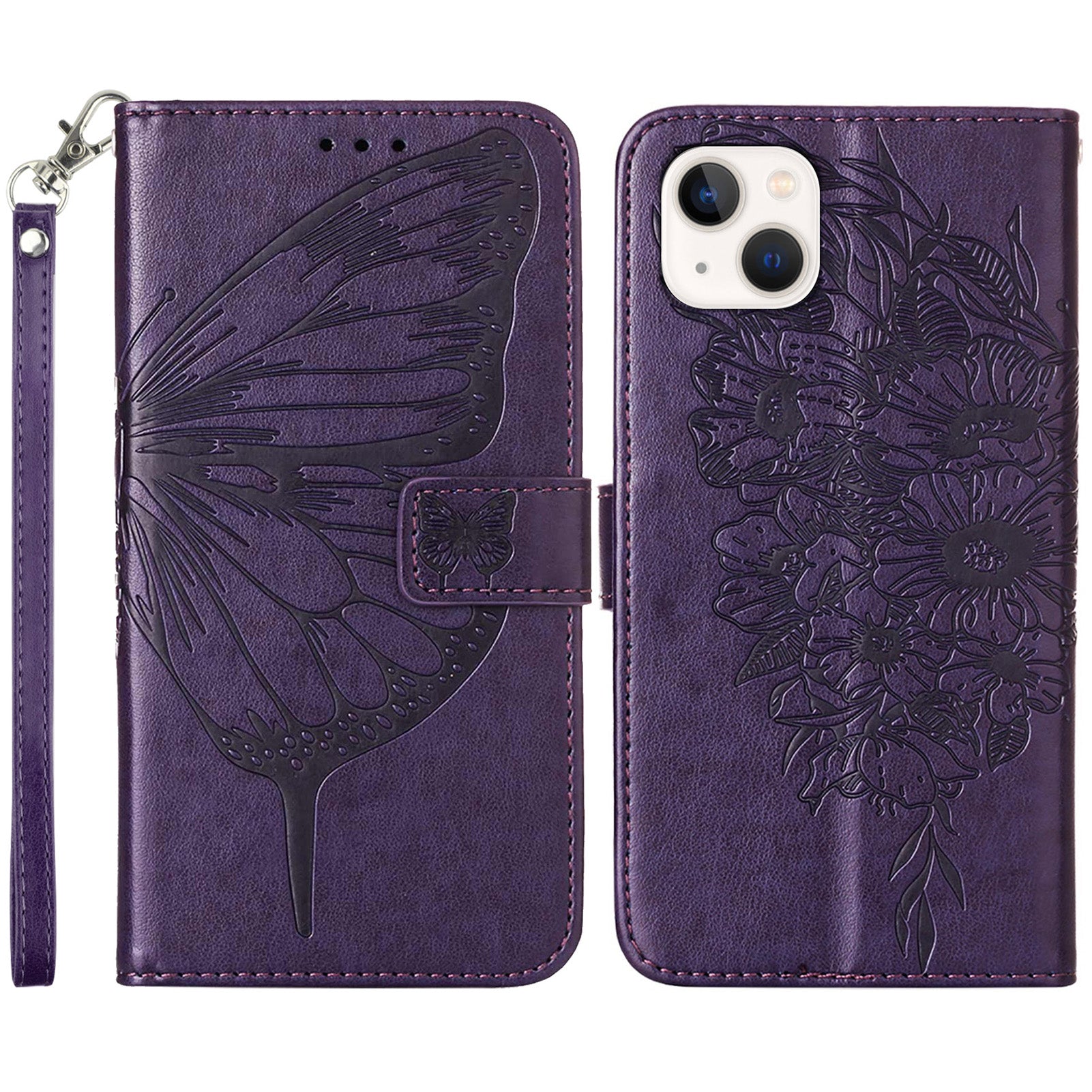 YB Imprinting Series-4 For iPhone 15 PU Leather Stand Phone Case Wallet Butterfly Flower Imprinted Cover with Hand Strap