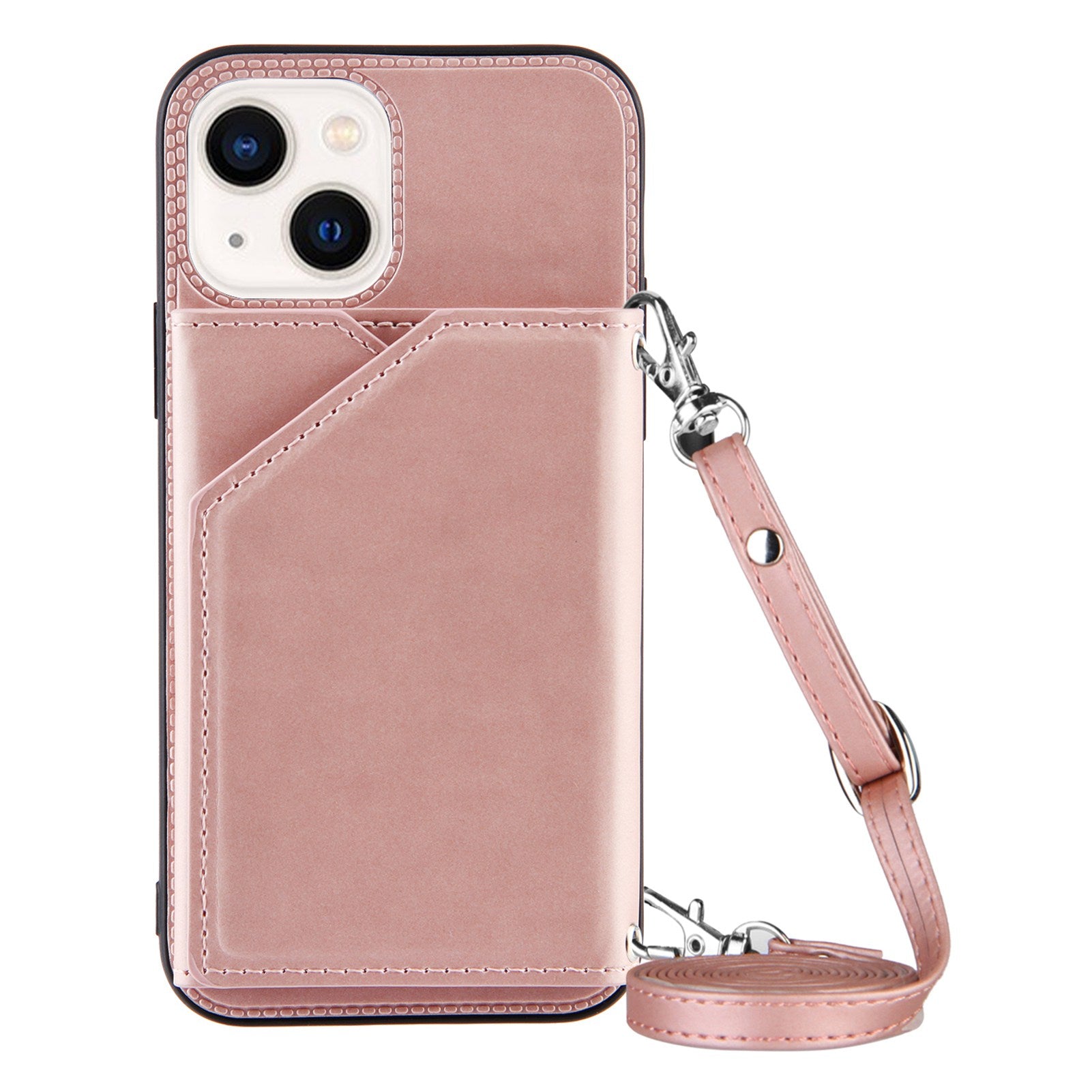 YB-1 Series for iPhone 15 Card Holder Back Case Leather TPU Kickstand Cover with Shoulder Strap