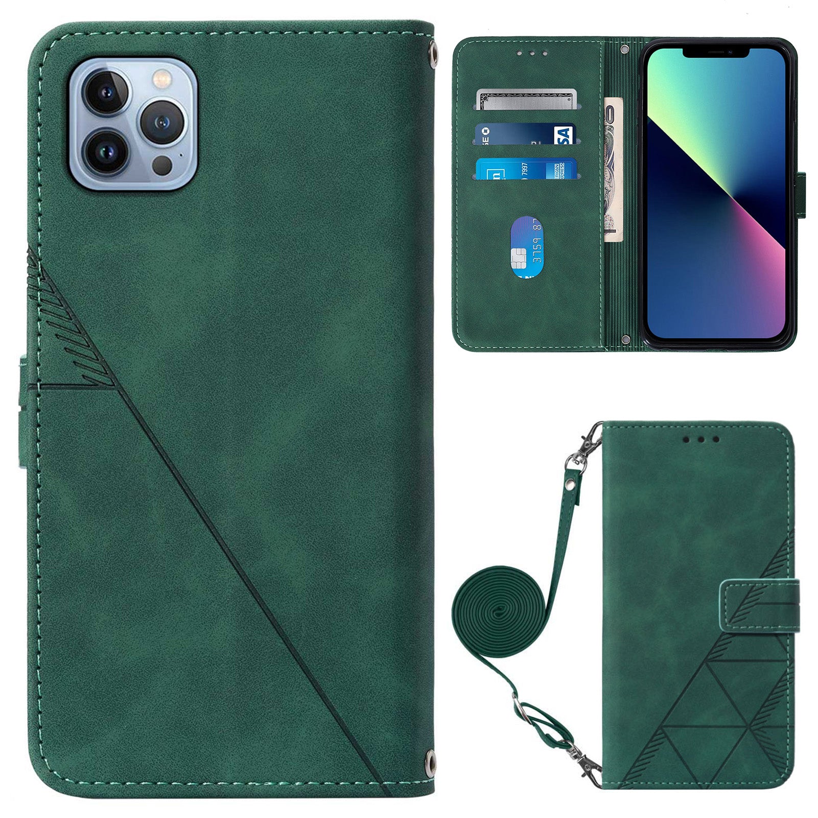 YB Imprinting Series-2 for iPhone 15 Pro Max Leather Wallet Case Imprinting Lines Phone Stand Cover with Shoulder Strap