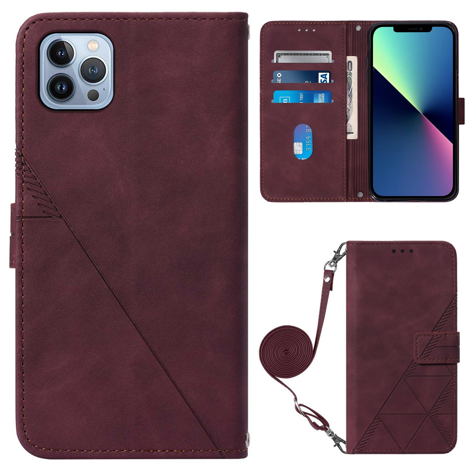 YB Imprinting Series-2 for iPhone 15 Pro Max Leather Wallet Case Imprinting Lines Phone Stand Cover with Shoulder Strap