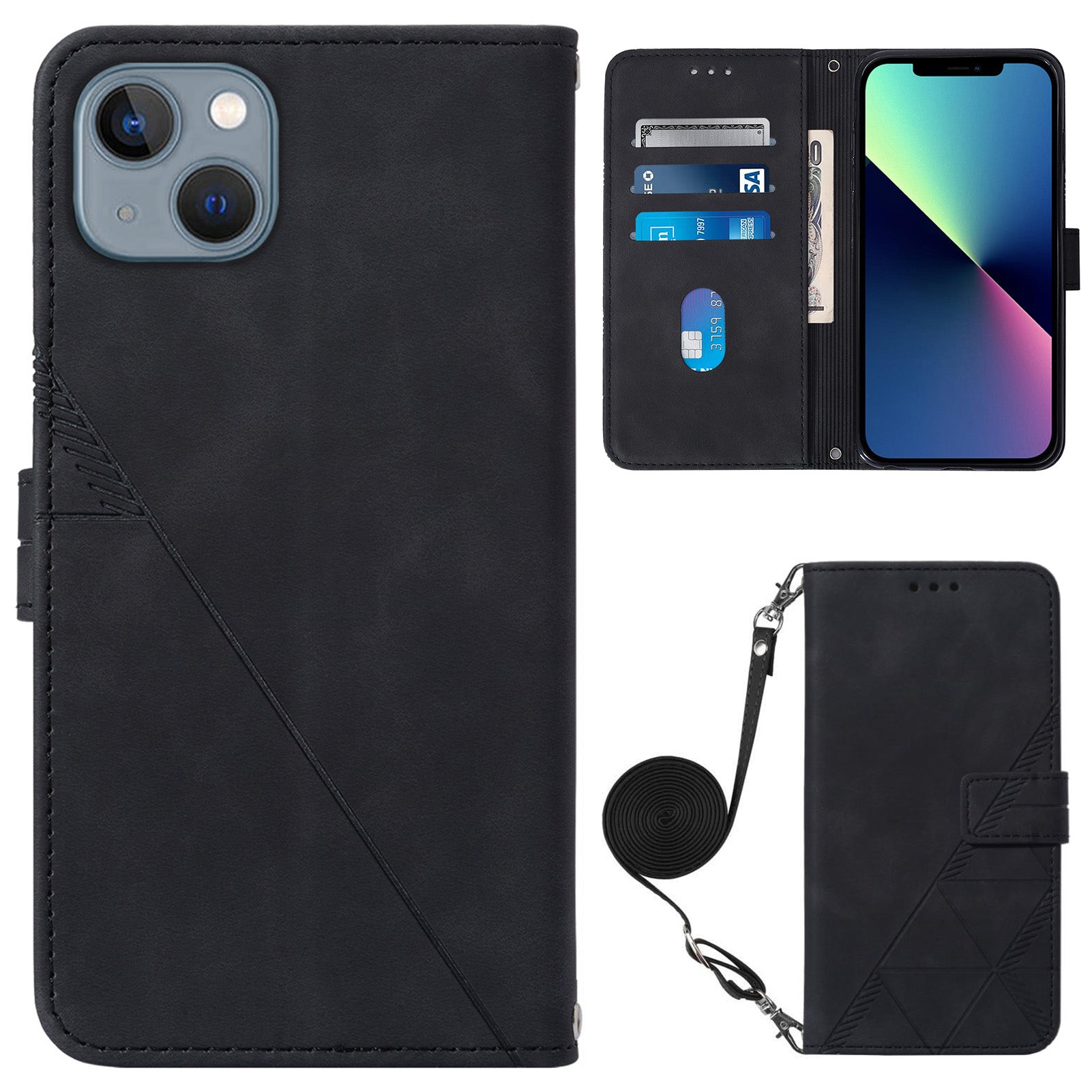 YB Imprinting Series-2 for iPhone 15 Plus Imprinted Leather Wallet Phone Case Flip Stand Cover with Shoulder Strap
