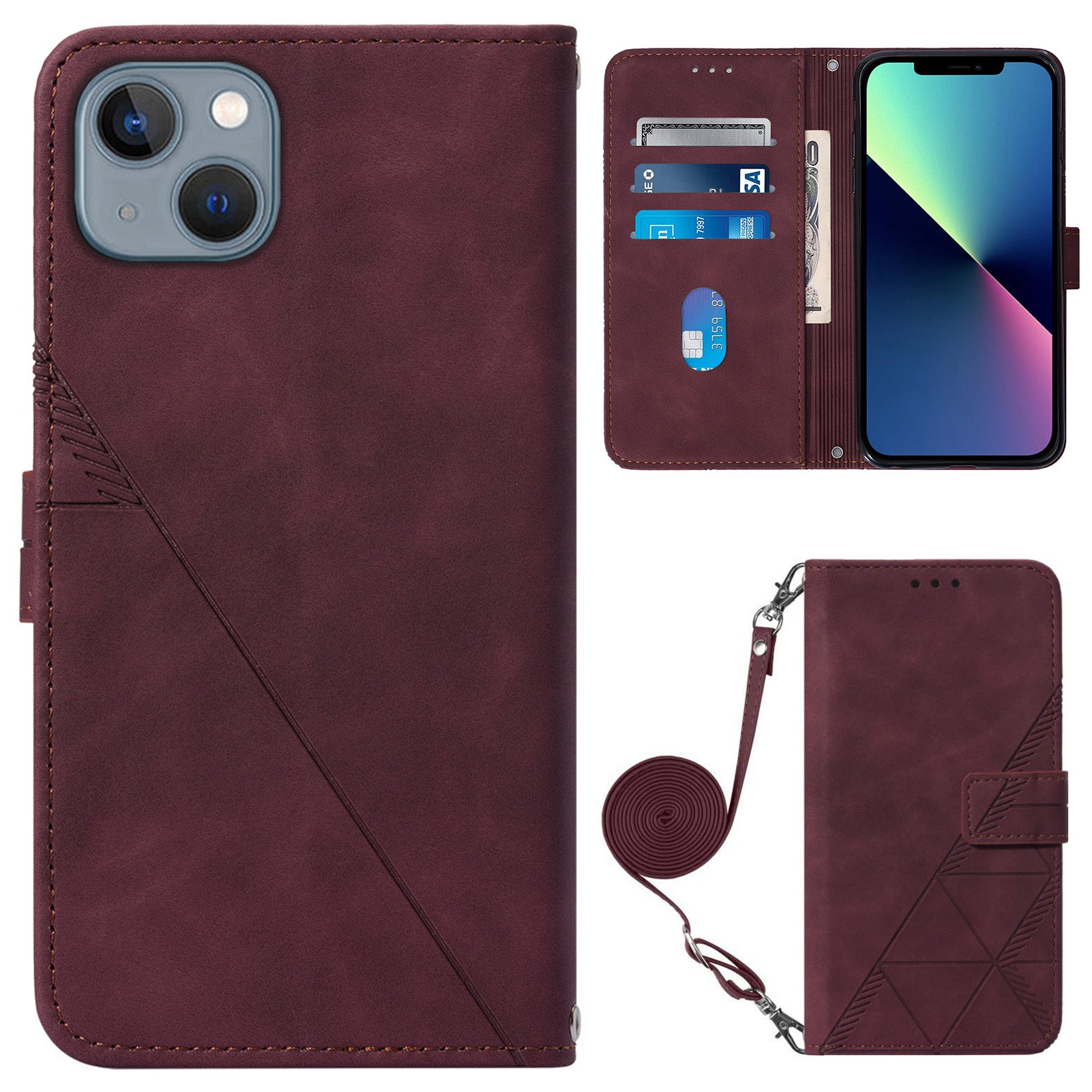 YB Imprinting Series-2 for iPhone 15 Plus Imprinted Leather Wallet Phone Case Flip Stand Cover with Shoulder Strap