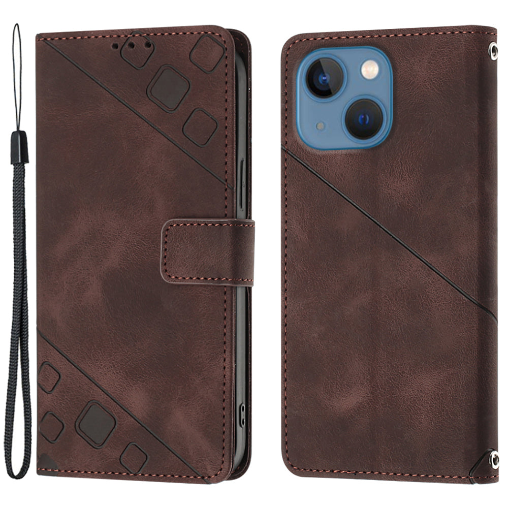 PT005 YB Imprinting Series-6 For iPhone 15 Plus Cell Phone Case Skin-Touch PU Leather Stand Wallet Anti-Scratch Cover