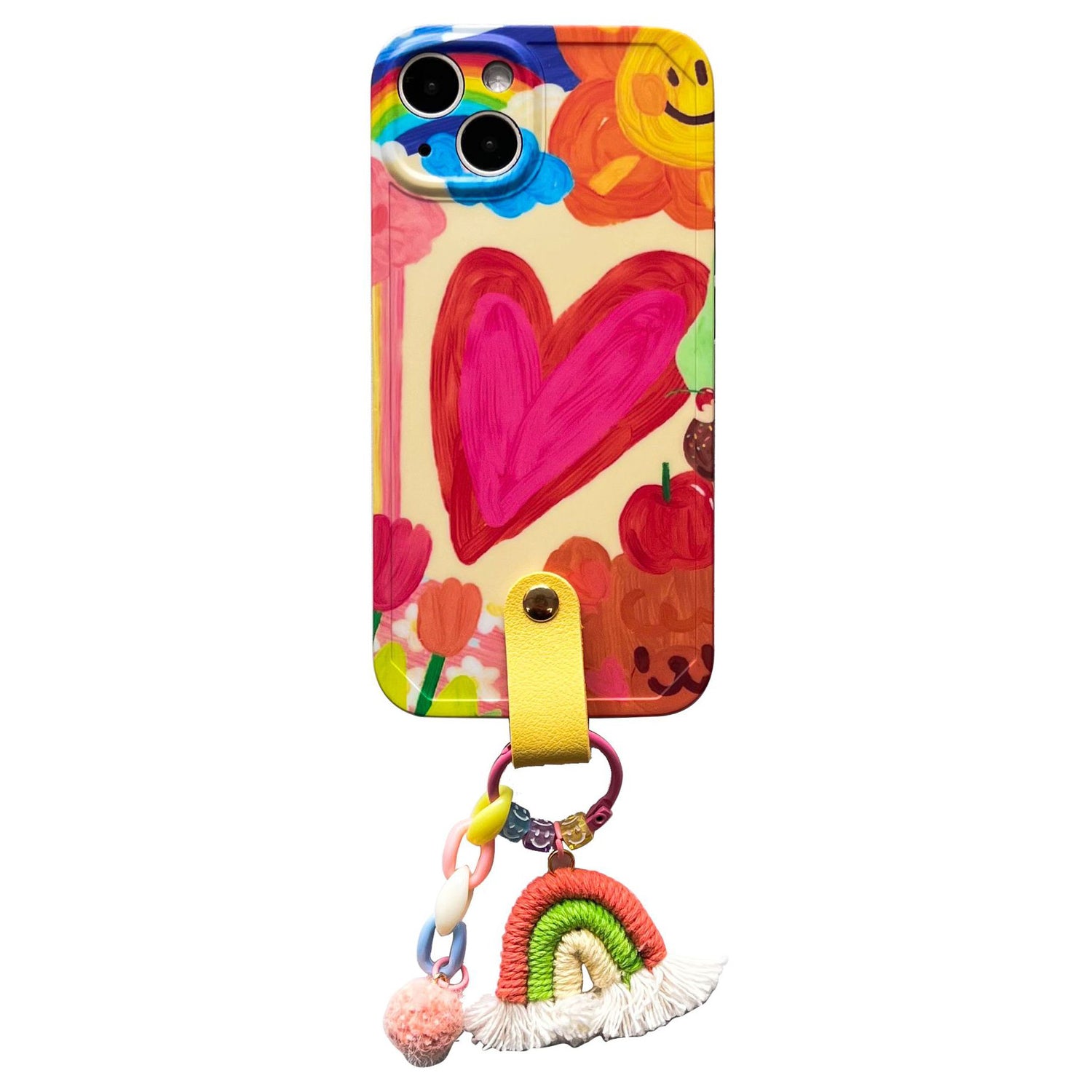 Phone Case For iPhone 14 Plus TPU Phone Cover Heart Pattern Shell with Rainbow Decor Leather Shoulder Strap