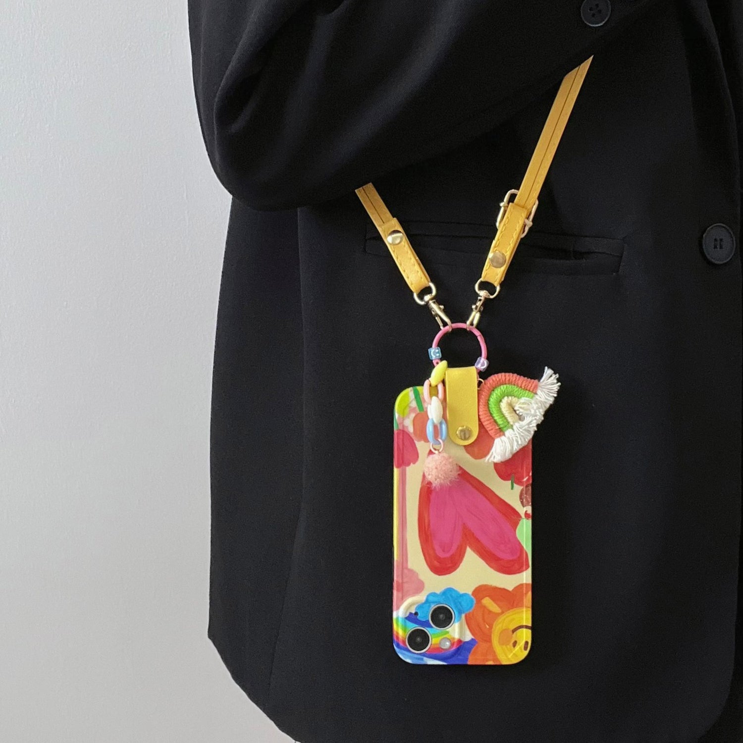 Phone Case For iPhone 14 Plus TPU Phone Cover Heart Pattern Shell with Rainbow Decor Leather Shoulder Strap