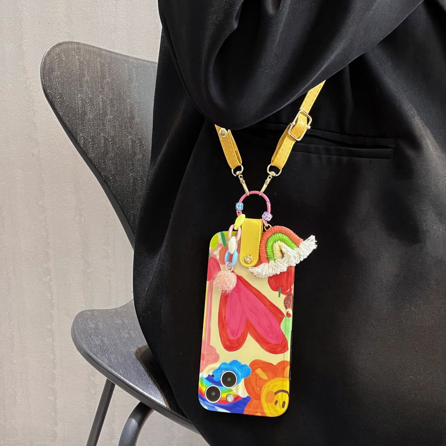 Phone Case For iPhone 14 Plus TPU Phone Cover Heart Pattern Shell with Rainbow Decor Leather Shoulder Strap