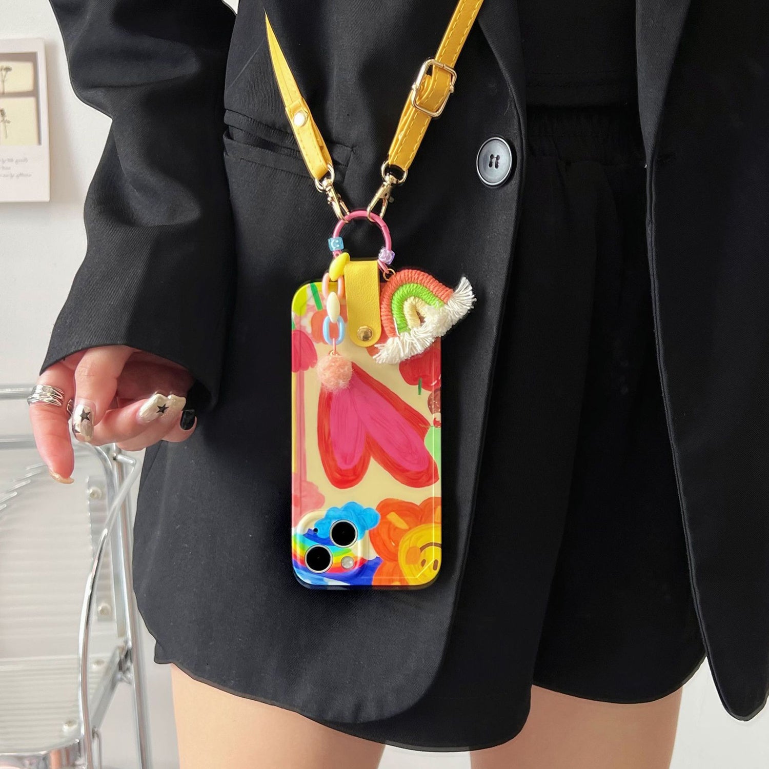 Phone Case For iPhone 14 Plus TPU Phone Cover Heart Pattern Shell with Rainbow Decor Leather Shoulder Strap