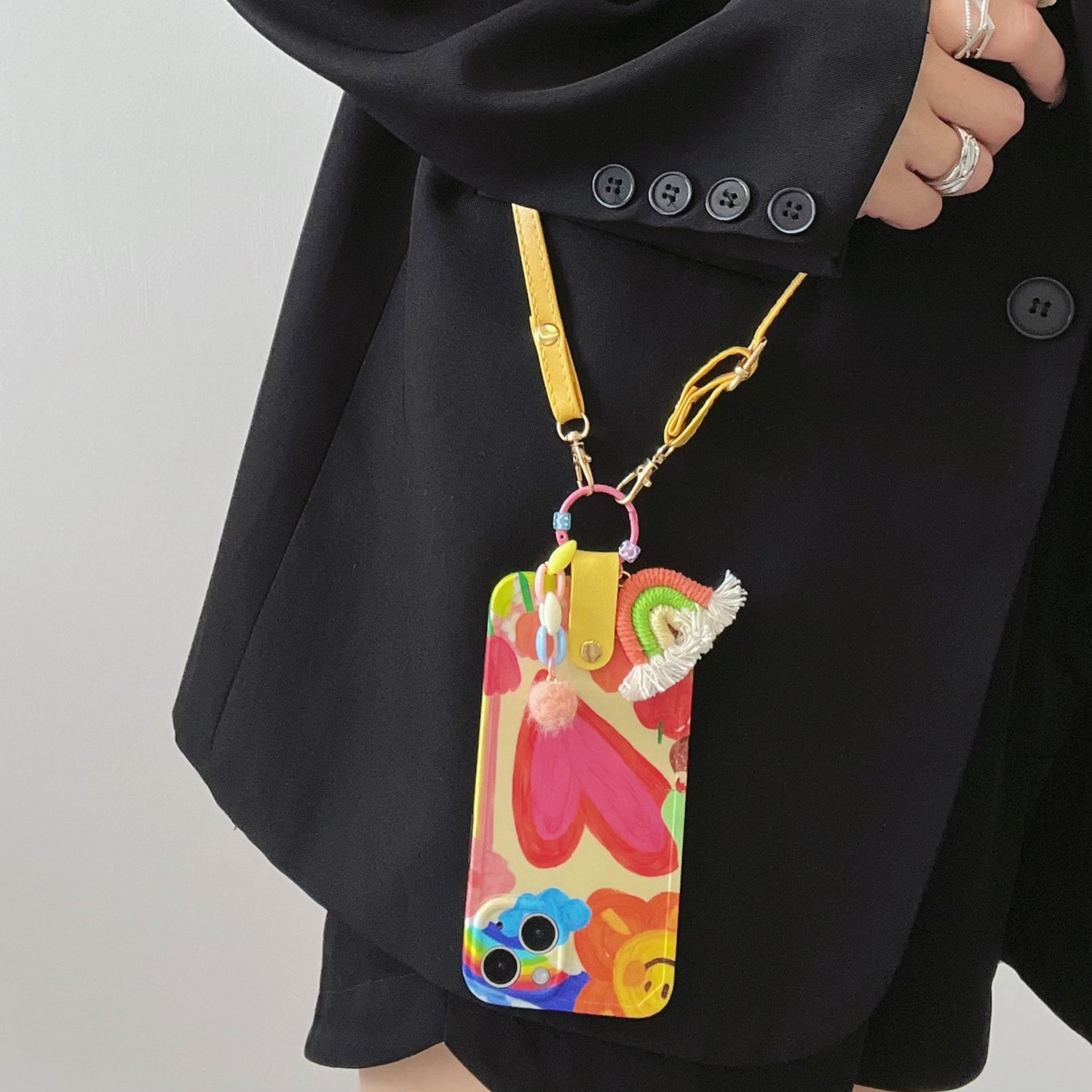 Phone Case For iPhone 14 Plus TPU Phone Cover Heart Pattern Shell with Rainbow Decor Leather Shoulder Strap