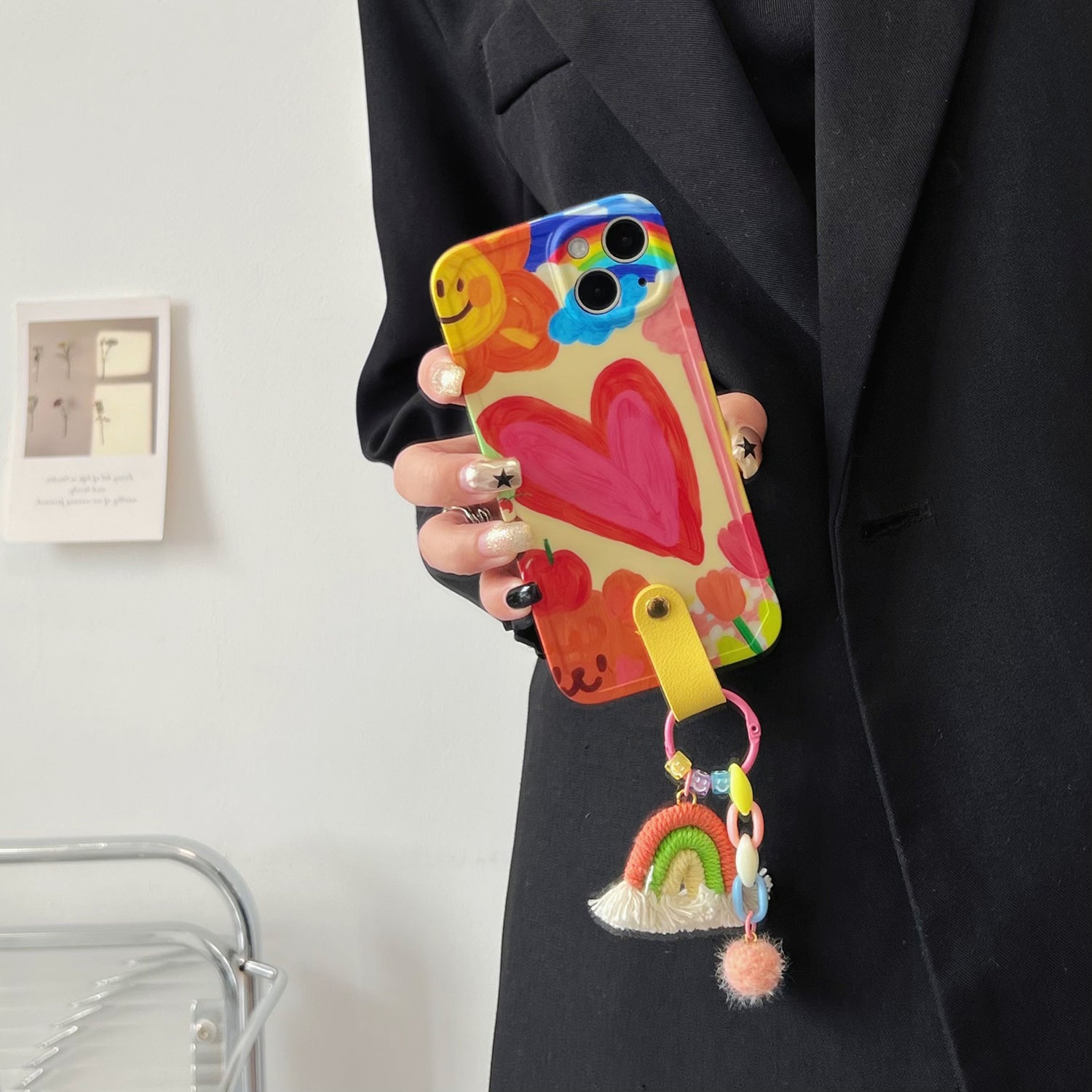 Phone Case For iPhone 14 Plus TPU Phone Cover Heart Pattern Shell with Rainbow Decor Leather Shoulder Strap