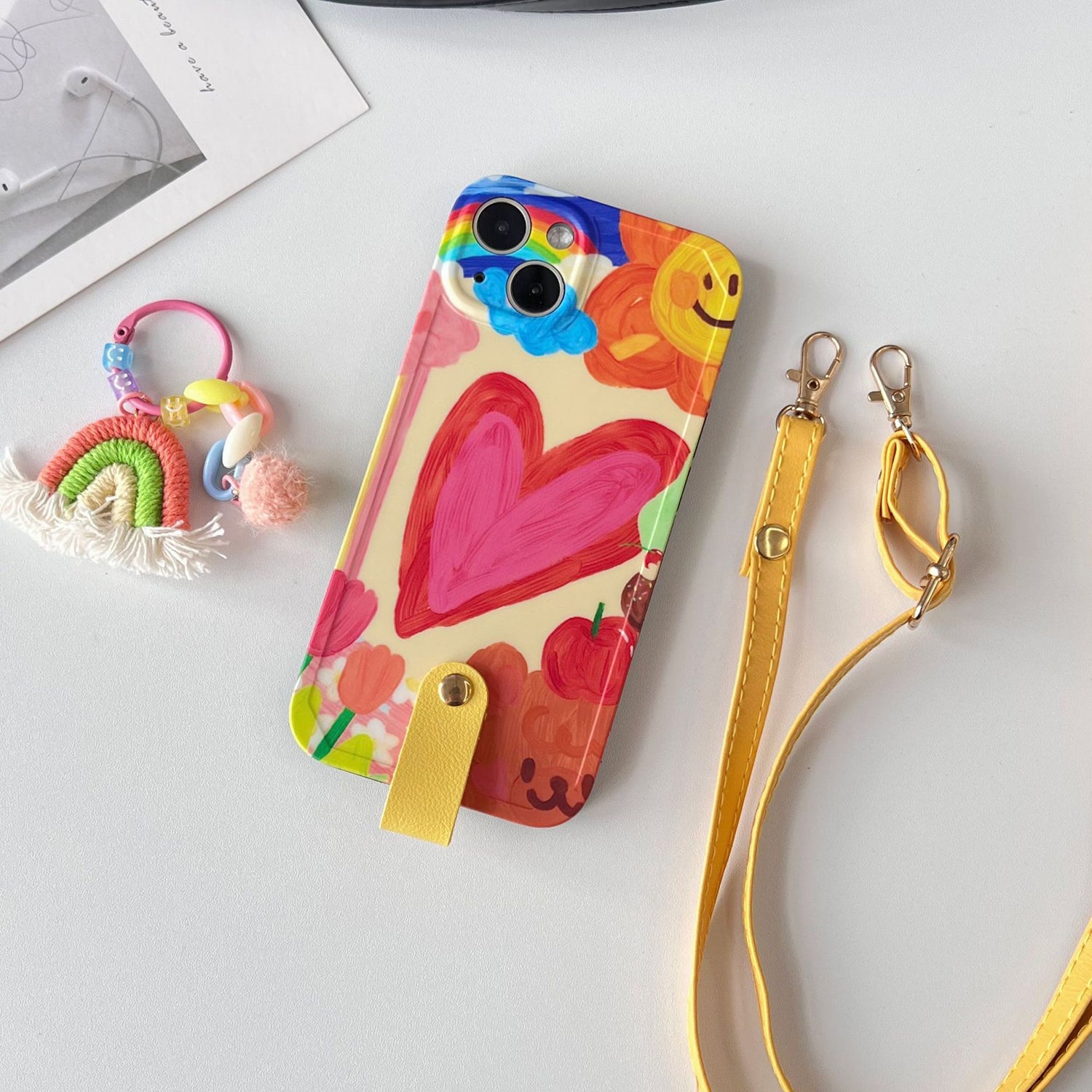 Phone Case For iPhone 14 Plus TPU Phone Cover Heart Pattern Shell with Rainbow Decor Leather Shoulder Strap