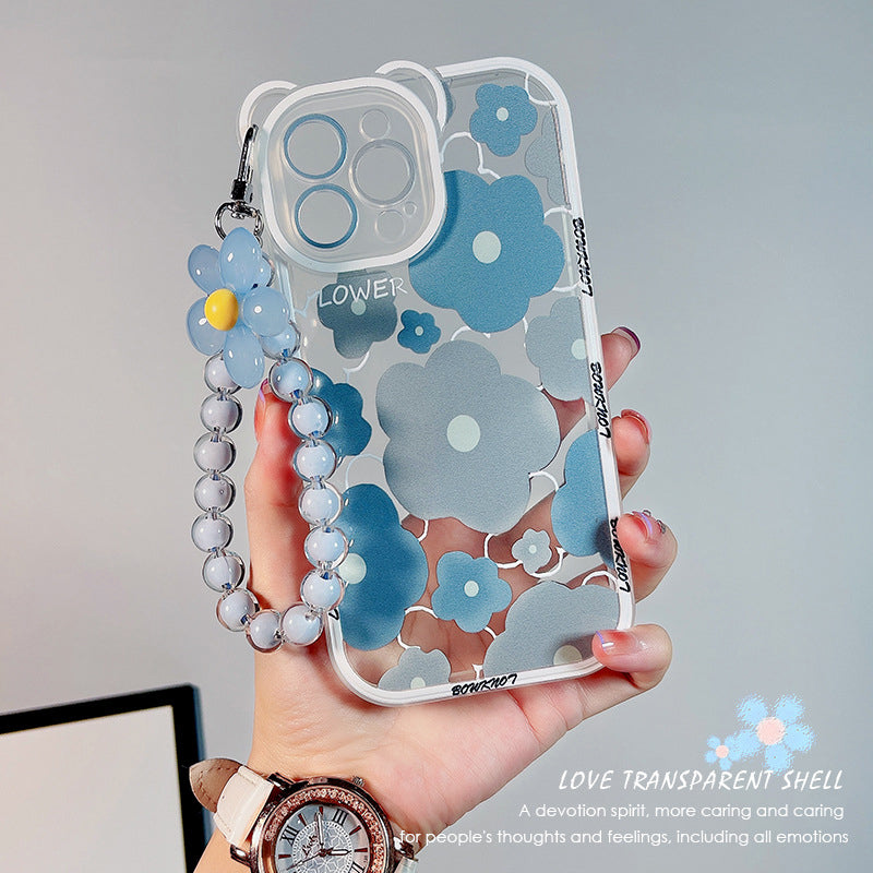 TPU Phone Case for iPhone 14 Pro Bear Ear Decor Cell Phone Shell Flower Pattern Cover with Bead Strap