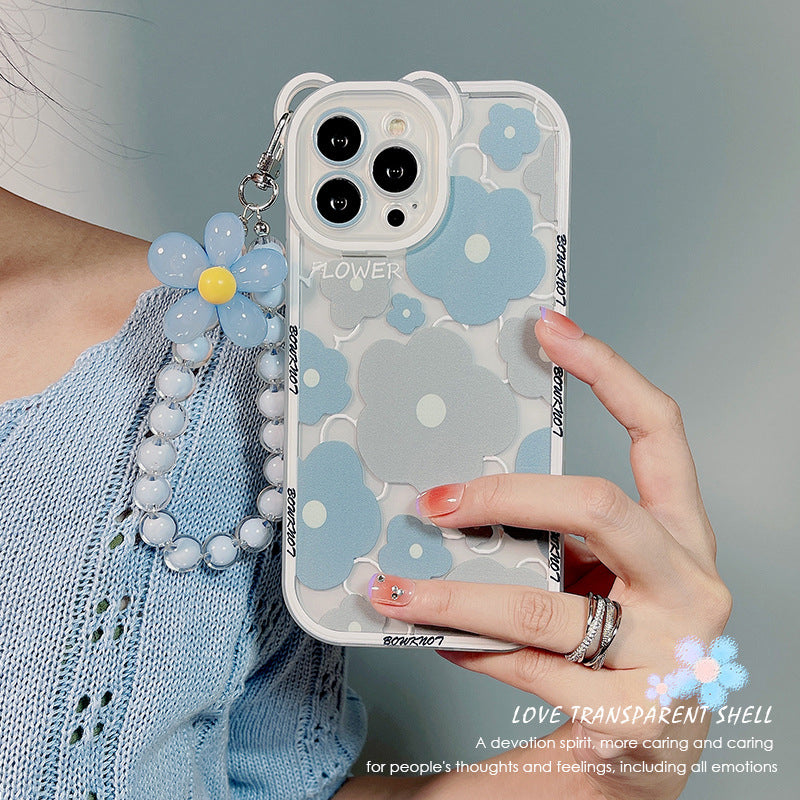 TPU Phone Case for iPhone 14 Pro Bear Ear Decor Cell Phone Shell Flower Pattern Cover with Bead Strap