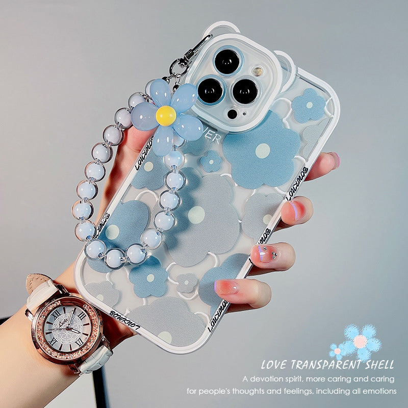 TPU Phone Case for iPhone 14 Pro Bear Ear Decor Cell Phone Shell Flower Pattern Cover with Bead Strap