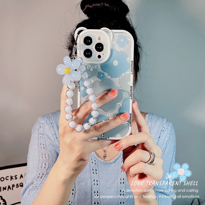 TPU Phone Case for iPhone 14 Pro Bear Ear Decor Cell Phone Shell Flower Pattern Cover with Bead Strap