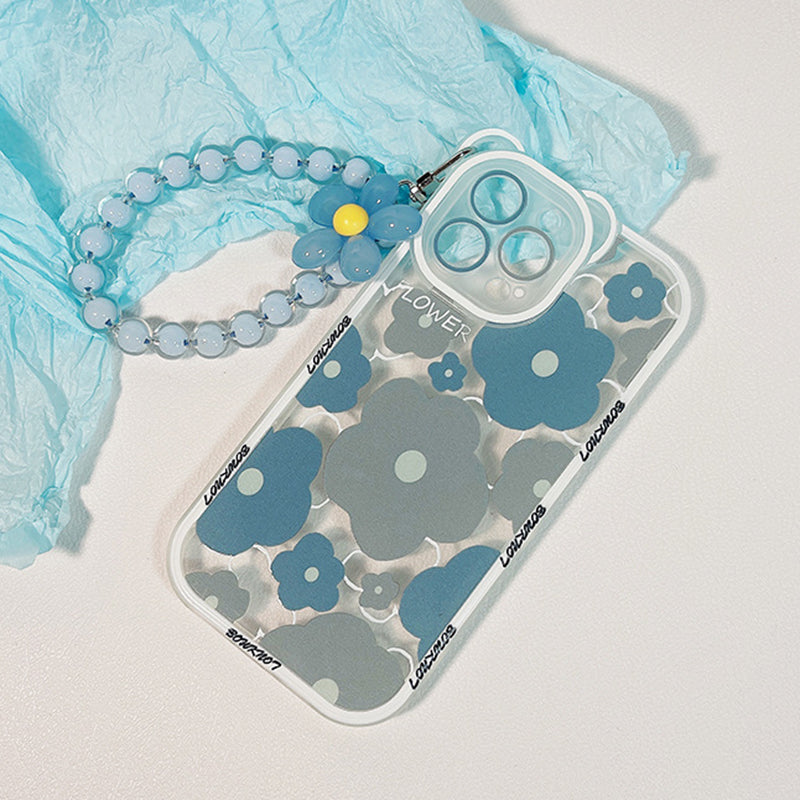 TPU Phone Case for iPhone 14 Pro Bear Ear Decor Cell Phone Shell Flower Pattern Cover with Bead Strap