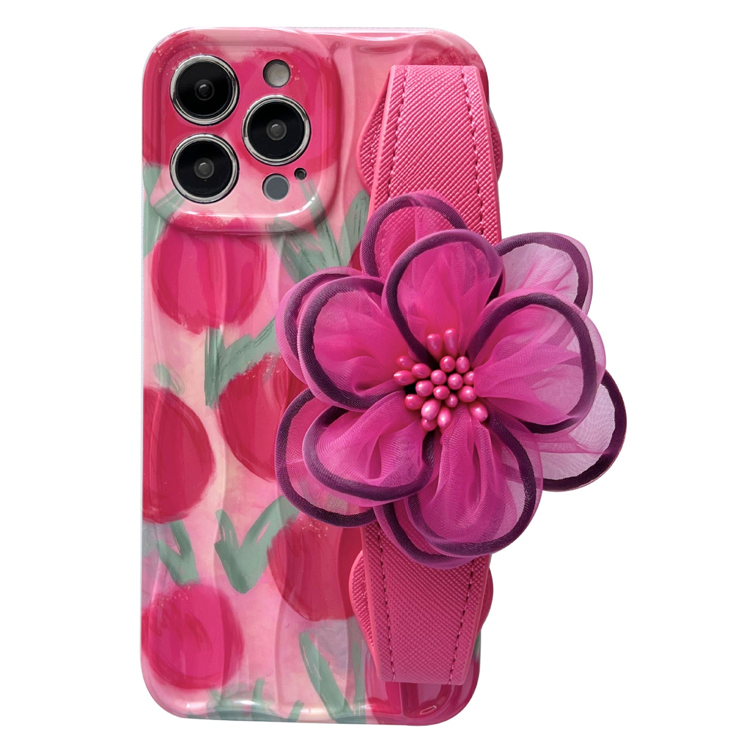 Til iPhone 14 Pro Mønster TPU etui Gaze Flower Læder Armbånd Telefoncover med skulderrem