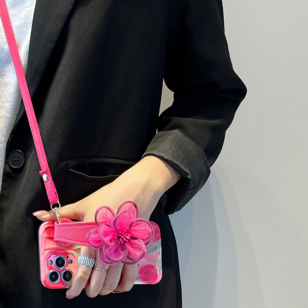 Til iPhone 14 Pro Mønster TPU etui Gaze Flower Læder Armbånd Telefoncover med skulderrem