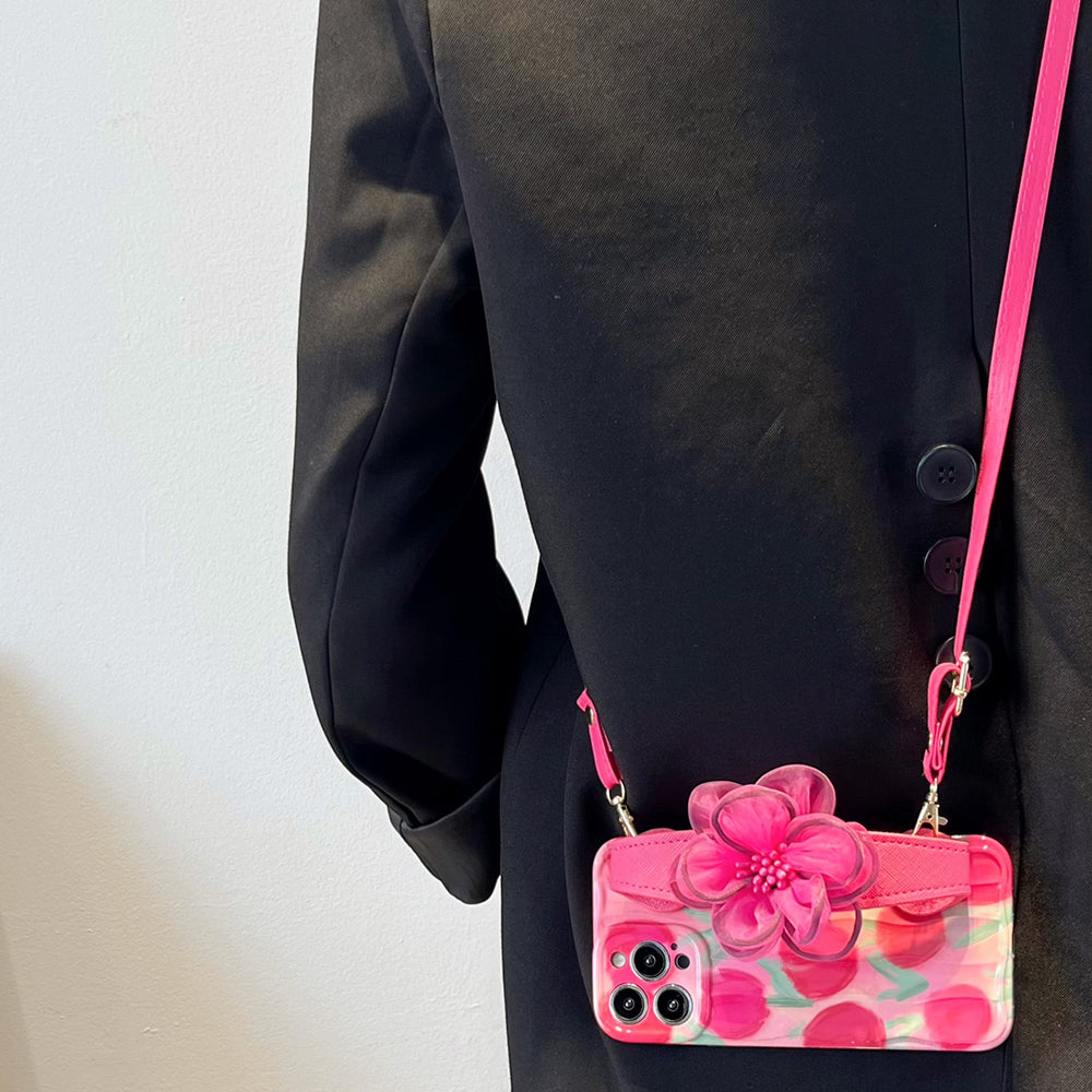 Til iPhone 14 Pro Mønster TPU etui Gaze Flower Læder Armbånd Telefoncover med skulderrem