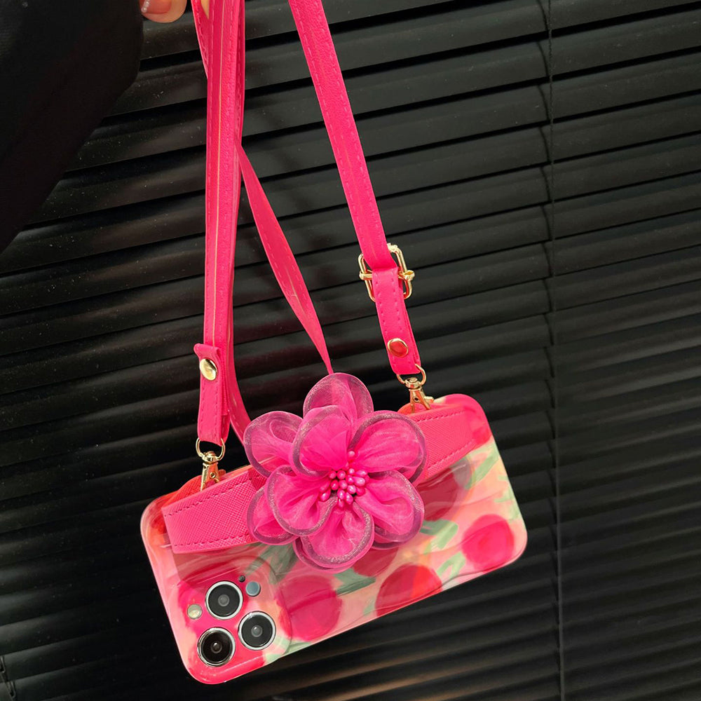 Til iPhone 14 Pro Mønster TPU etui Gaze Flower Læder Armbånd Telefoncover med skulderrem