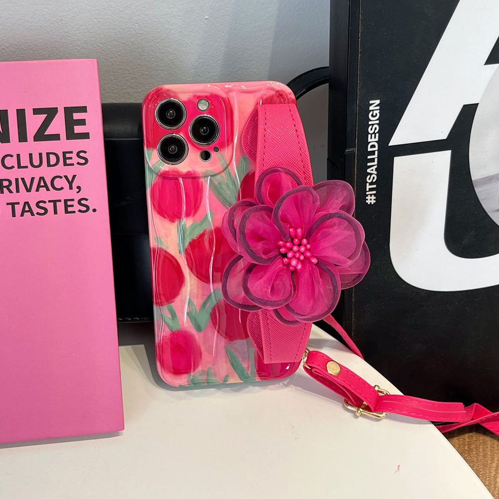 Til iPhone 14 Pro Mønster TPU etui Gaze Flower Læder Armbånd Telefoncover med skulderrem