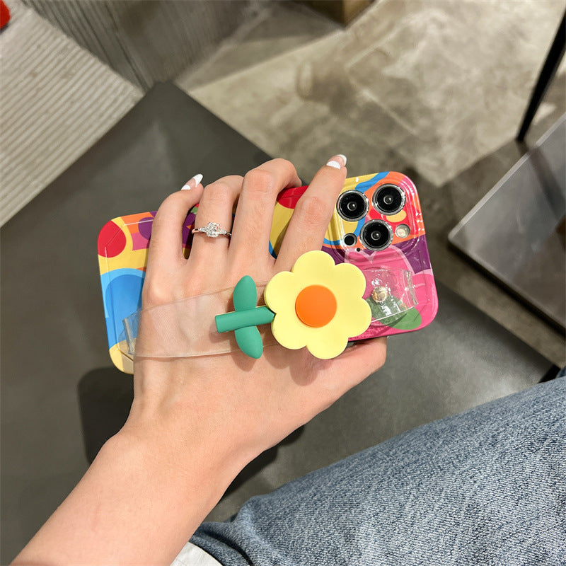 Til iPhone 14 Pro telefonetui med blomsterdekoration Gennemsigtigt armbånd Blødt TPU mønster printcover