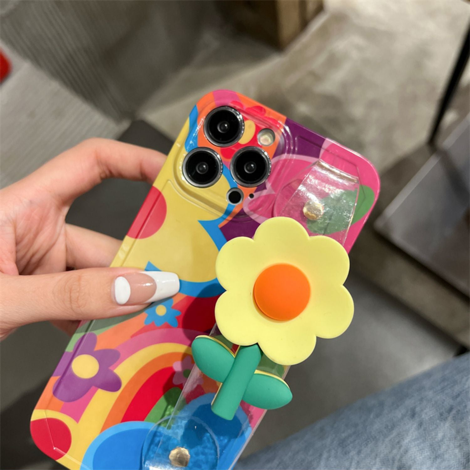 Til iPhone 14 Pro telefonetui med blomsterdekoration Gennemsigtigt armbånd Blødt TPU mønster printcover