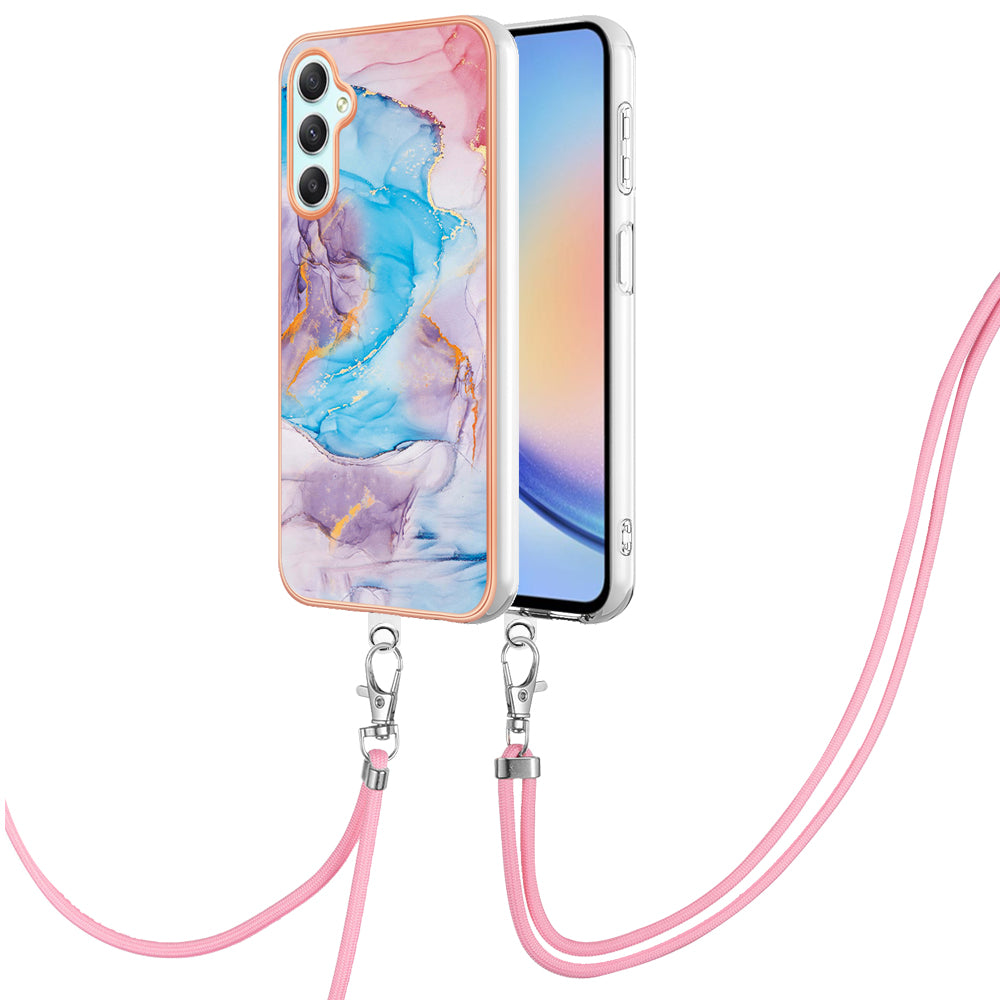 YB IMD Series-4 for Samsung Galaxy A24 4G Marble Flower Pattern Phone Case IMD TPU Electroplated Cover with Lanyard