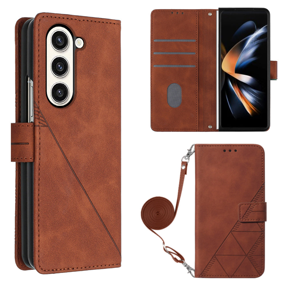 YB Imprinting Series-2 for Samsung Galaxy Z Fold5 5G Phone Stand Cover Imprinting Lines Leather Wallet Case with Shoulder Strap