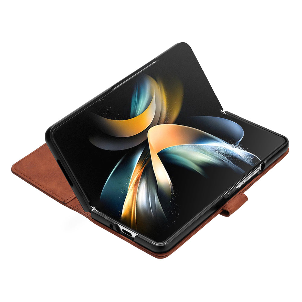 YB Imprinting Series-2 for Samsung Galaxy Z Fold5 5G Phone Stand Cover Imprinting Lines Leather Wallet Case with Shoulder Strap