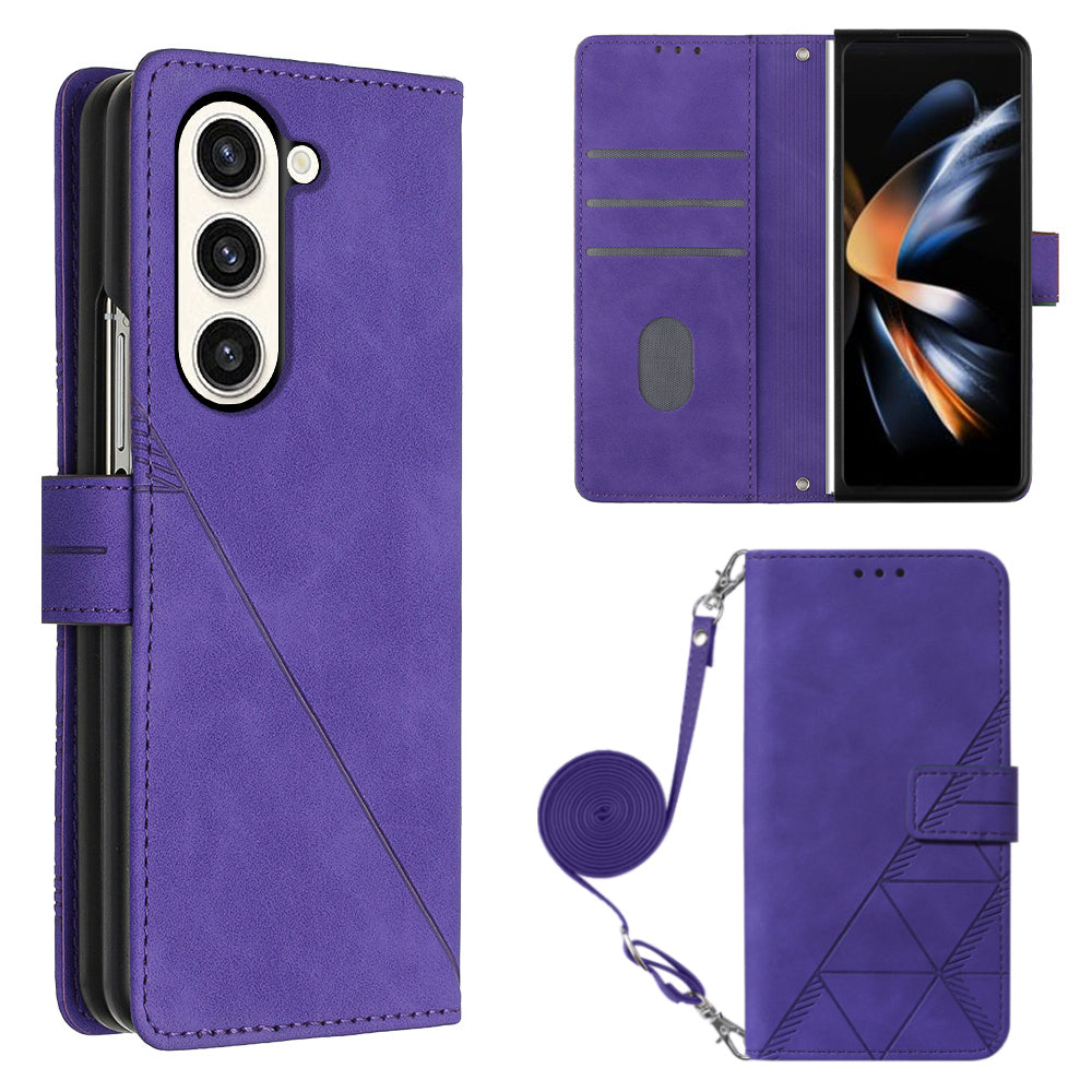 YB Imprinting Series-2 for Samsung Galaxy Z Fold5 5G Phone Stand Cover Imprinting Lines Leather Wallet Case with Shoulder Strap
