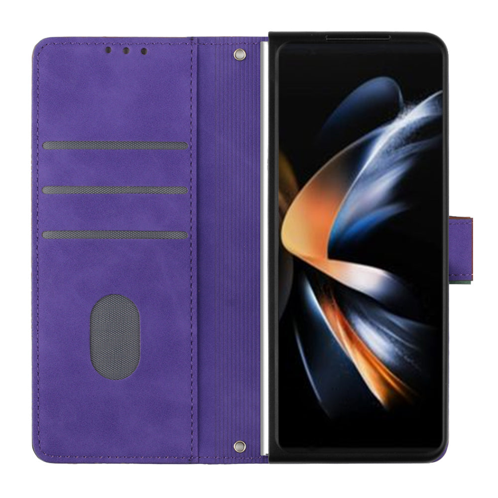 YB Imprinting Series-2 for Samsung Galaxy Z Fold5 5G Phone Stand Cover Imprinting Lines Leather Wallet Case with Shoulder Strap